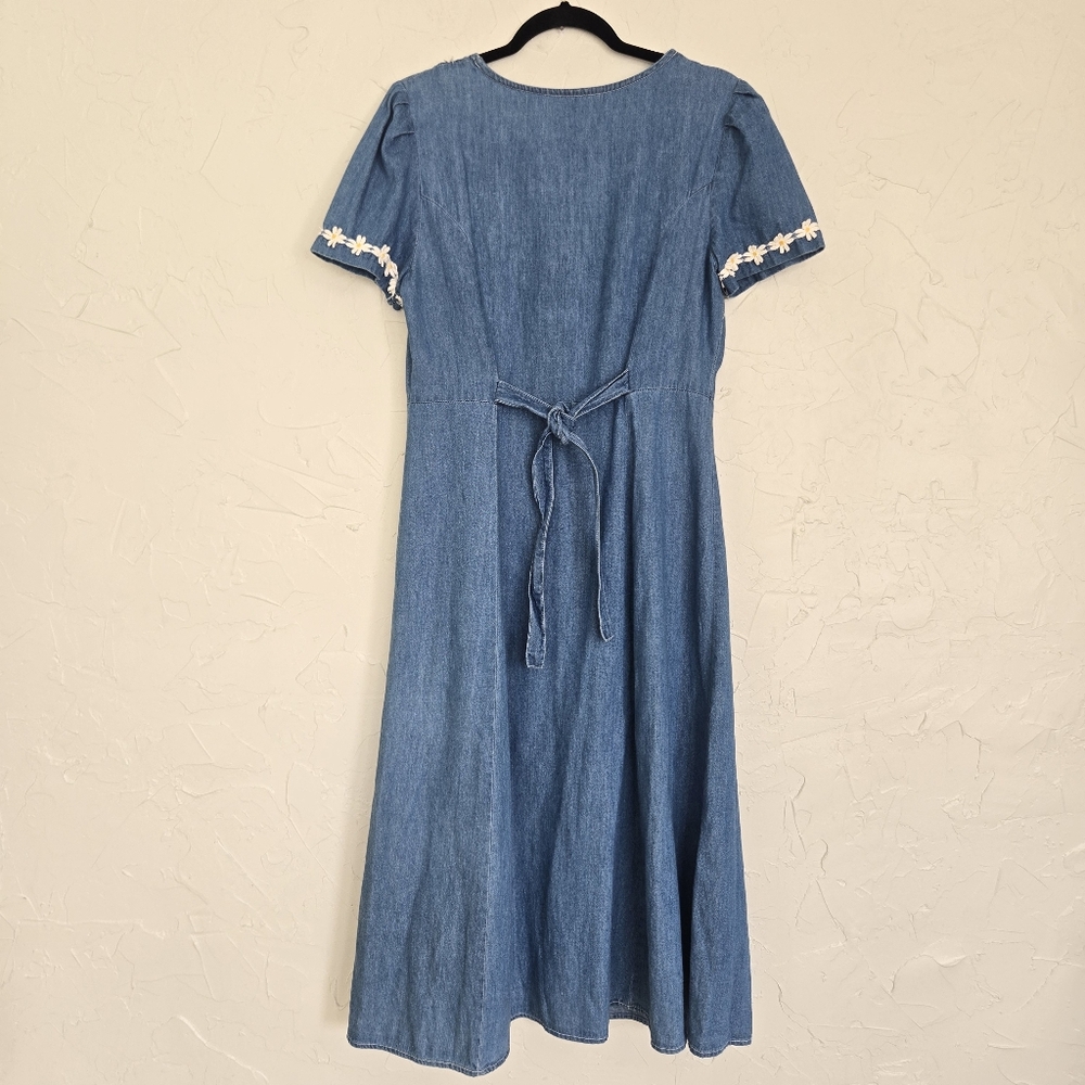 Vintage Daisy Trim Denim Jean Button Front Midi Dress, M - Picture 8 of 11